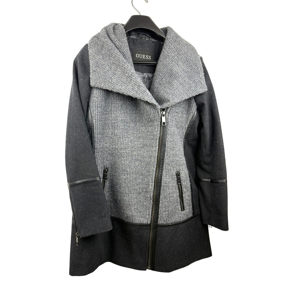 GUESS Womens Grey Zip Coat Faux Leather Trim Size Medium
